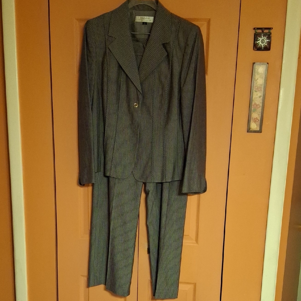 Classic Gray Pinstripe Womens Suit. Designer Set.